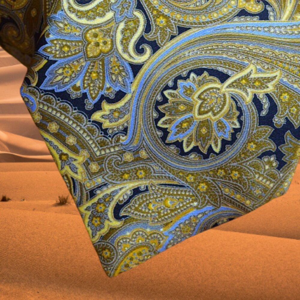 $490 BRIONI Navy Blue Gold Medallion Geometric Handmade Paisley Silk Tie Italy